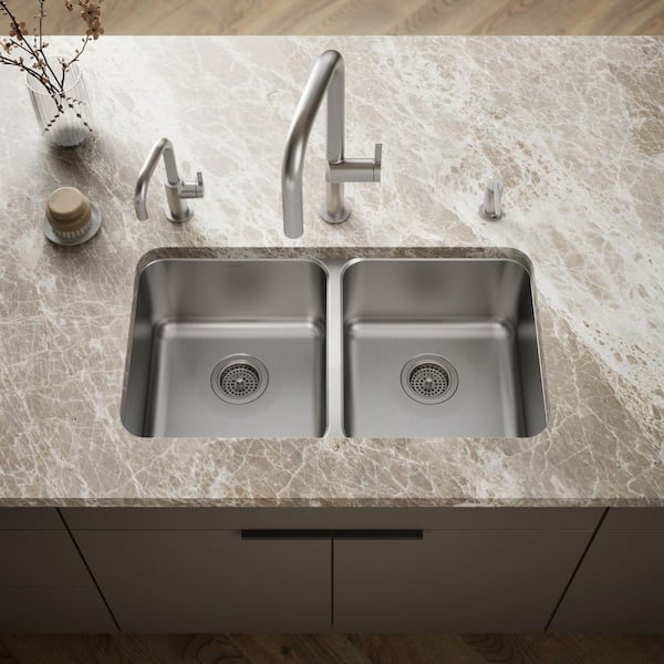 Undertone Undermount Stainless Steel 32 in. Double Bowl Kitchen Sink