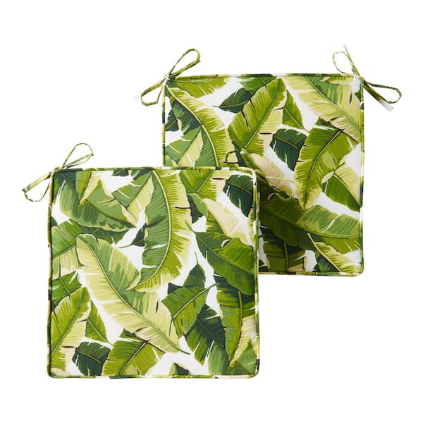 Greendale Home Fashions 18 in. x 18 in. Palm Leaves White Square Outdoor Seat Cushion (2-Pack)