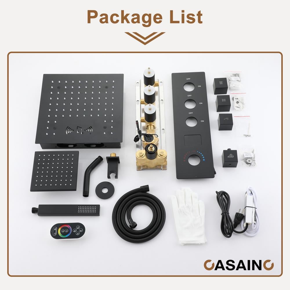 Matte Black 12" LED Rain Shower System with Bluetooth Speaker