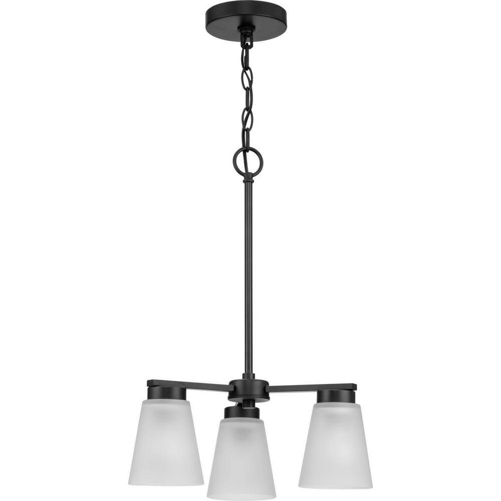 Matte Black Steel 3-Light Chandelier with Etched Glass Shades