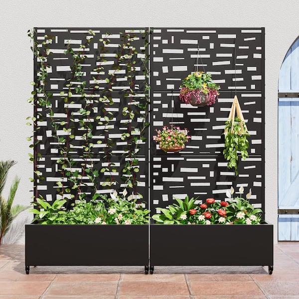 Set of 2-73 in. x 16 in. x 35 in. Black Metal Iron Planter Box with Attached Trellis for Climbing Vegetation