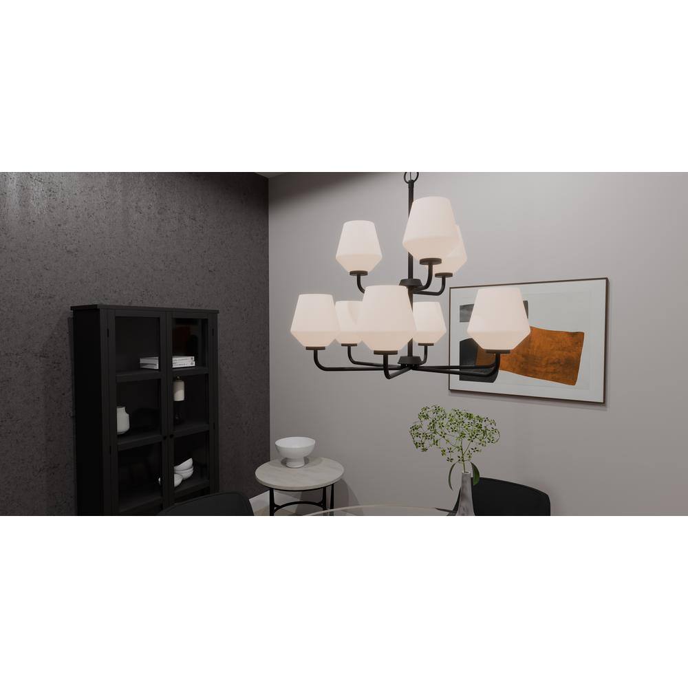 Matte Black 9-Light Chandelier with Opal Glass Shades
