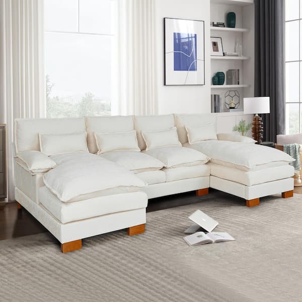 Trendy 113 in. Pillows Armrests 4-Seater U-Shaped Chenille Modular Sectional Sofa Couch with 4-Pillows in. Cream