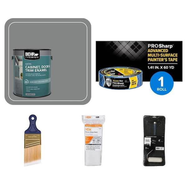 Slate Gray Cabinet Paint 1 gal. with 3-Piece Foam Kit, 1.41 in. Tape, 2 in. Brush, and 10 ft. x 20 ft. Drop Cloth Set