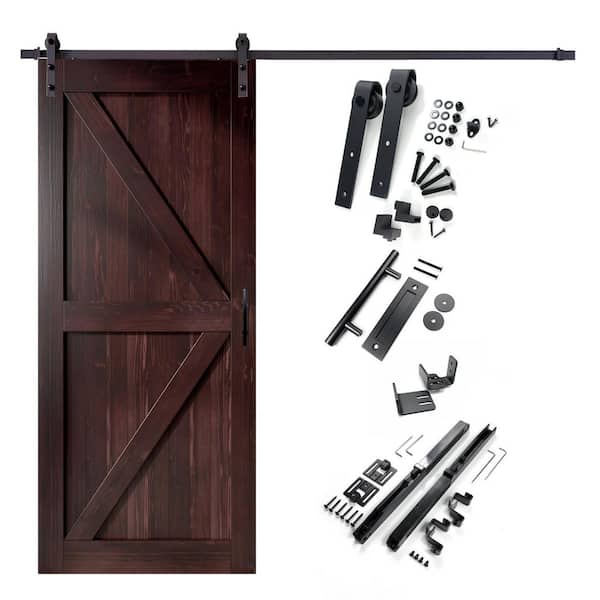 44 in. x 84 in. K-Frame Red Mahogany Solid Pine Wood Interior Sliding Barn Door with Hardware Kit, Non-Bypass