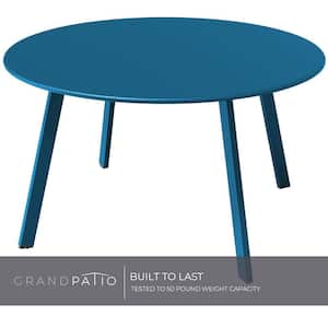 Peacock Blue Round Steel Patio Coffee Table, Weather Resistant Outdoor Large Side Table without Extension