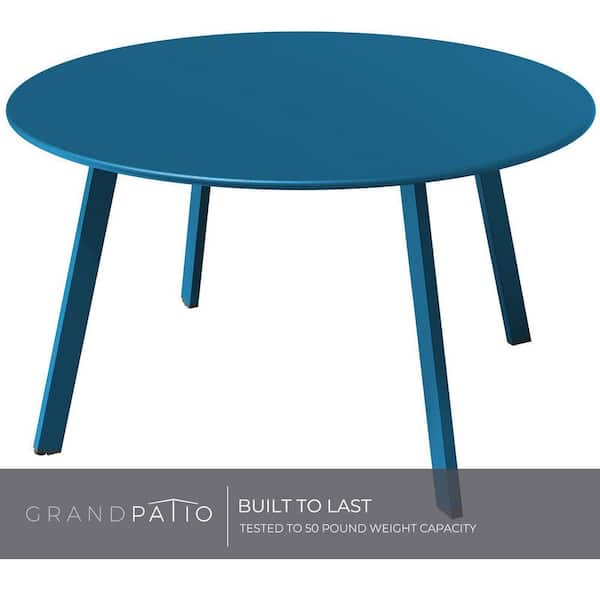 Dyiom Peacock Blue Round Steel Patio Coffee Table, Weather Resistant Outdoor Large Side Table without Extension