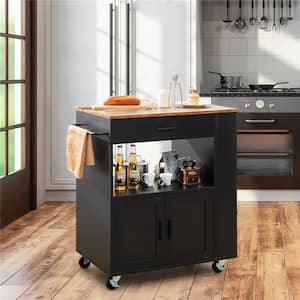 Kitchen Island Cart Rolling Storage Cabinet w/Drawer & Spice Rack Shelf Black