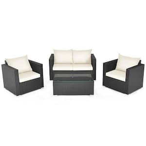 4-Piece PE Wicker Outdoor Patio Conversation Sofa Set with Beige Cushions