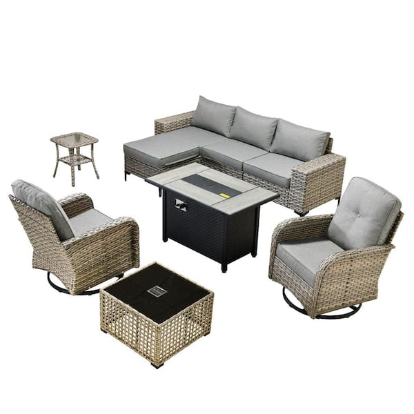 Verano 9-Piece Wicker Outdoor Patio Conversation Sofa Swivel Chairs Set with Metal Fire Pit and Dark Gray Cushions