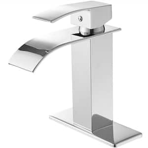 Single Handle Single Hole Waterfall Bathroom Sink Faucet Modern Vanity Taps with Deckplate Included in Polished Chrome