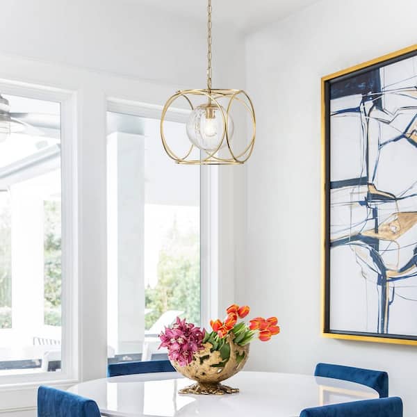 11.5 in. 1-Light Modern Copper Metal Pendant Light with Clear Crackle Globe Glass Shade for Kitchen Island, Dining Room