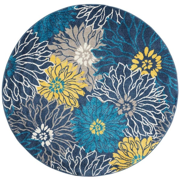Nourison Passion Blue 5 ft. x 5 ft. Floral Contemporary Round Rug