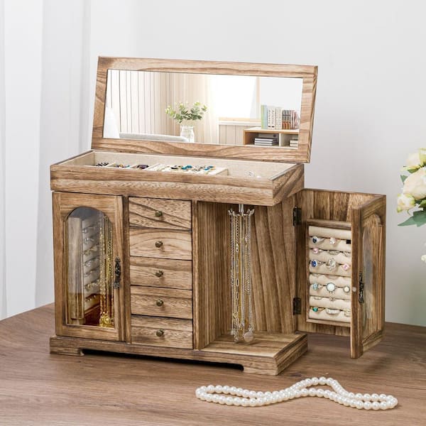Jewelry Box 5 Layer Brown Wood Mirror Jewelry Box LX0923 - The