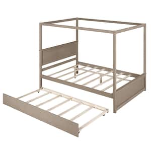 80 in. W Light Brown Wood Frame Full Canopy Platform Bed with Support Slats Wood Canopy Bed with Trundle Bed