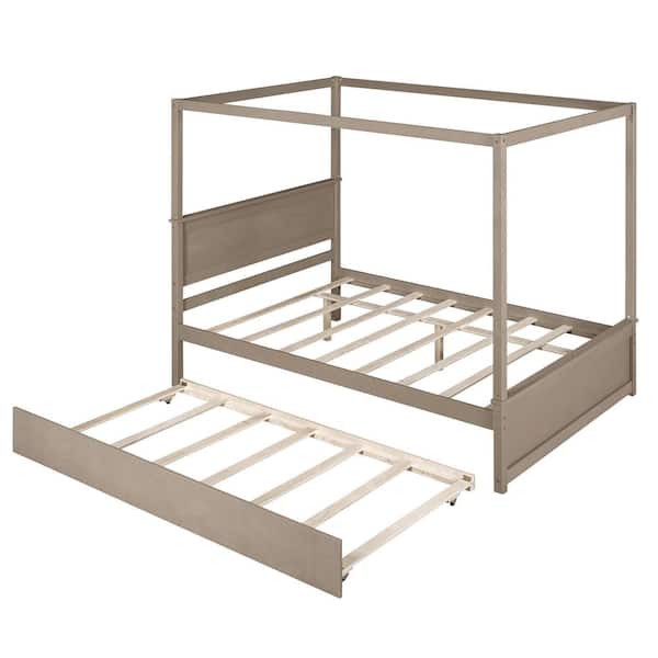 GODEER 80 in. W Light Brown Wood Frame Full Canopy Platform Bed with Support Slats Wood Canopy Bed with Trundle Bed