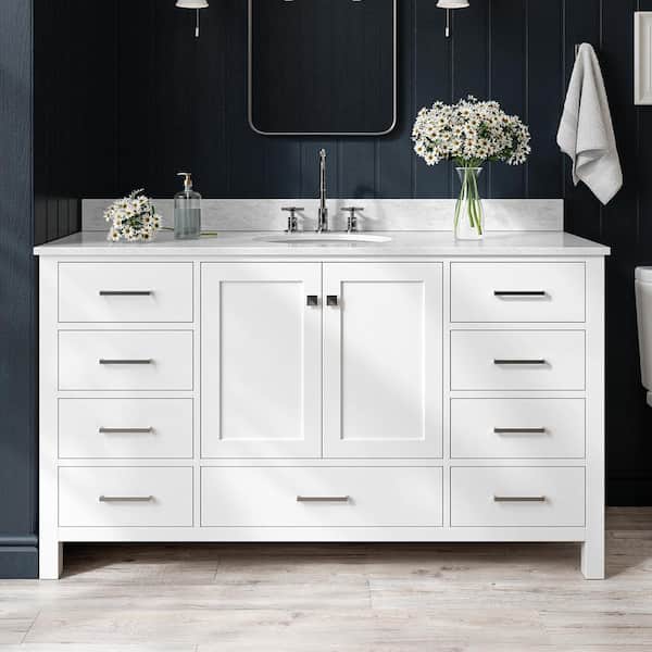 ARIEL Cambridge 61 in. W x 22 in. D x 35.25 in. H Vanity in White with White Marble Vanity Top with Basin