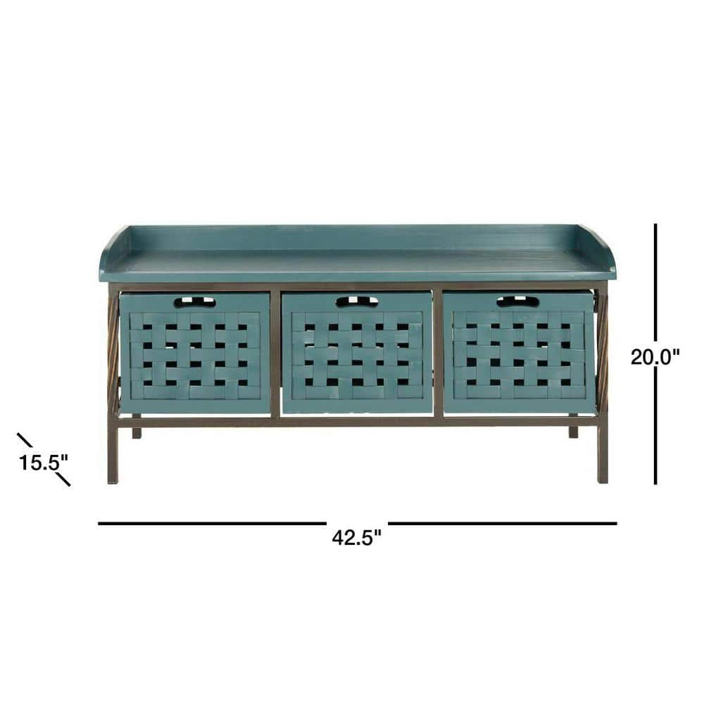 Isaac 43" Blue Pine Wood Storage Bench with Drawers