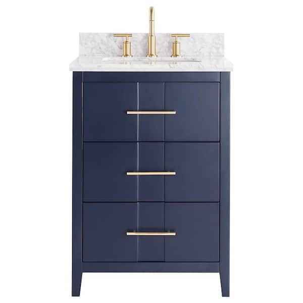 CHAMELEON CONCEPTS Emblem 24 in. W x 21 in. D x 34 in. H Single Sink Bath Vanity in Navy with Carrara Marble Top and Ceramic Basin