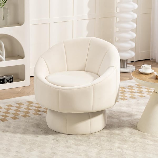 Mid-Century Modern 360 ° Swivel Beige Velvet Upholstered Living Room Accent Chair Barrel Chair with Wood Frame
