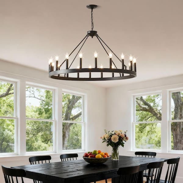 18-Light Matte Black Wagon Wheel Chandelier,53.15 in.Adjustable Ceiling Light for Dining Room,Living Room(No Bulbs) -E12