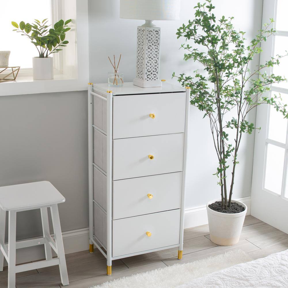 White Vertical 4-Drawer Dresser with Gold Accents