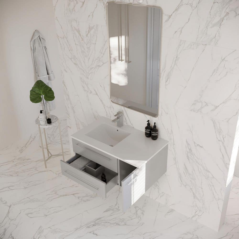 Gray Solid Wood and MDF Wall Mount Vanity with Quartz Stone Top