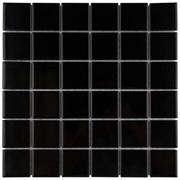 Merola Tile Take Home Tile Sample - Metro Quad Glossy Black 6 in. x 6 in. Porcelain Mosaic
