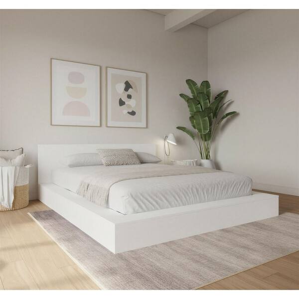 Kanso White Frame King Size Low Profile Platform Bed with Headboard
