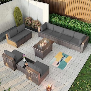 10-Piece Wicker Patio Conversation Set with 55000 BTU Gas Fire Pit Table and Glass Coffee Table and Grey Cushions