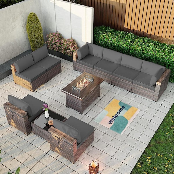 Halmuz 10-Piece Wicker Patio Conversation Set with 55000 BTU Gas Fire Pit Table and Glass Coffee Table and Grey Cushions