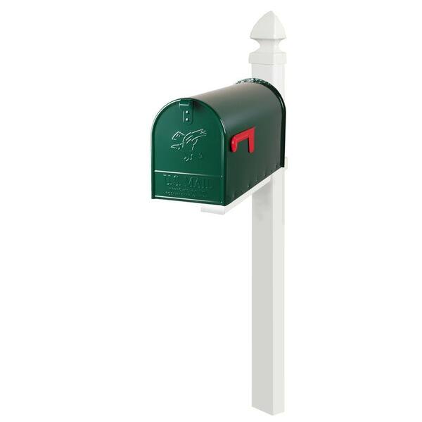 Gibraltar Mailboxes Easton Large Green Elite Steel Mailbox and White Deluxe Plastic Post with Cross Arm Combo