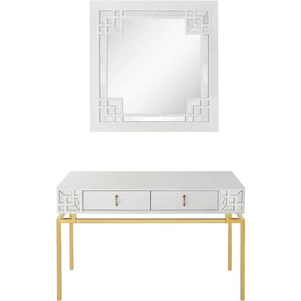 Camden Isle Dynasty 47.2 in. White Rectangle Glass Console Table with Wall Mirror