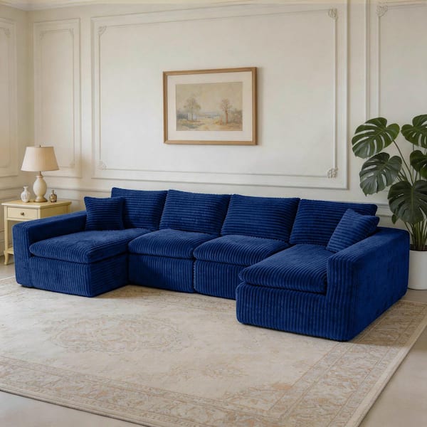 Mina Modern 130 in. Square Arms 6-Seater Corduroy Modular Compressed Sectional Sofa in Blue with Chaise