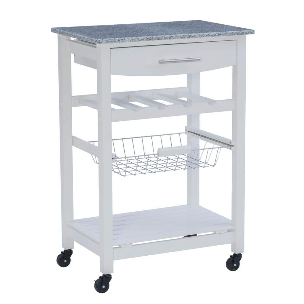Todd White Kitchen Cart with Granite Top and Storage
