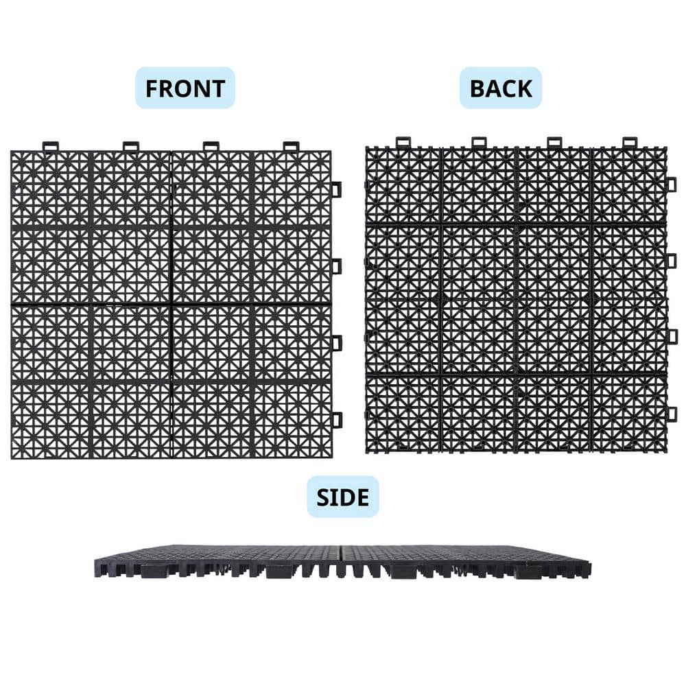 12 x 12 Inch Black Plastic Interlocking Waterproof Deck Tiles