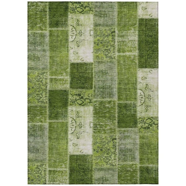 Olive Green, Artichoke Green 9 ft. x 12 ft. Woven Plaid Polyester Rectangle Indoor/Outdoor Area Rug