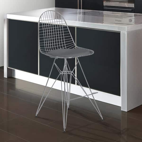 Armen Living Aquila 28 in. Gray Faux Leather and Chrome Finish Wire Bar Stool