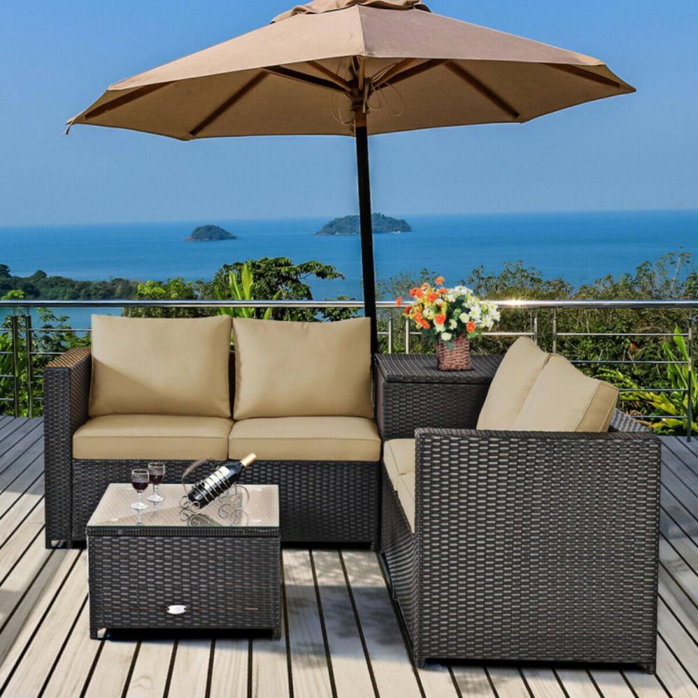 Brown 4-Piece Rattan Wicker Outdoor Patio Set with Cushions