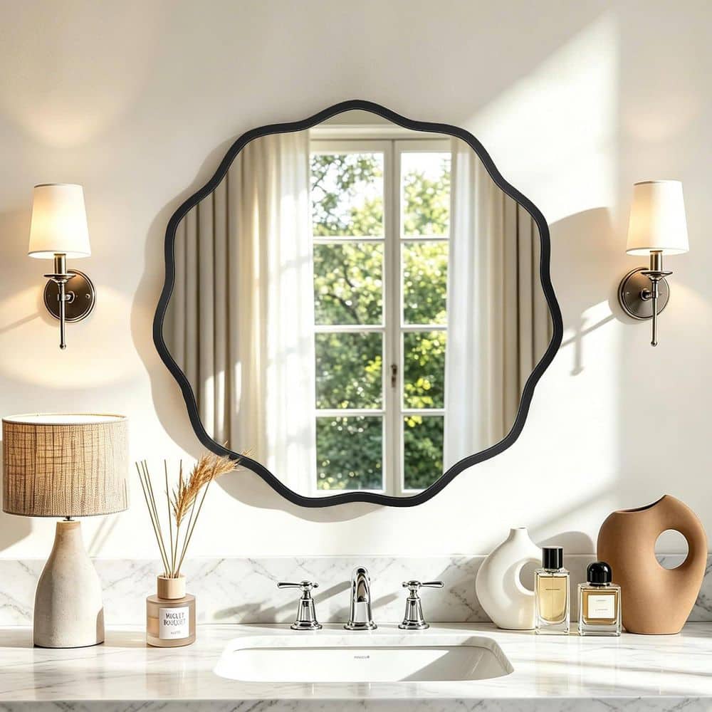 48 in. W x 48 in. H Round Wavy Scalloped Circle Mirror Edge Tempered Glass and Metal Framed Wall Mirror in Matte Black price history on PriceWatchPro