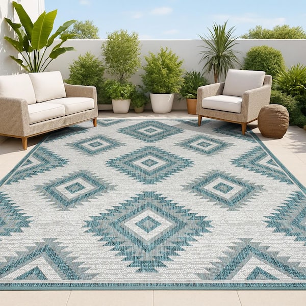 JONATHAN Y Lior Geometric Moroccan Diamond Turquoise/Cream 5 ft. x 8 ft. Indoor/Outdoor Area Rug
