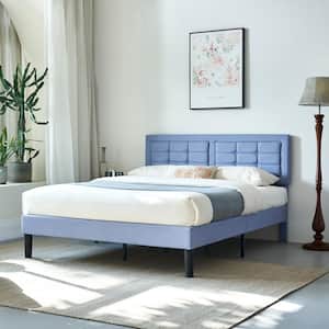 Upholstered Bed Light Blue Wood and Metal Frame Full Platform Bed with Adjustable Headboard Bed Frame