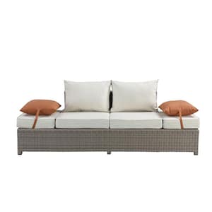 VIRAHA Gray 2-Pillows Wicker Patio Conversation Sofa and Ottoman with Beige Cushions.