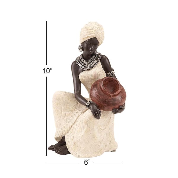 Mavern Cream 6 in. x 10 in. Polystone Sitting African Woman Sculpture with Red Water Pot
