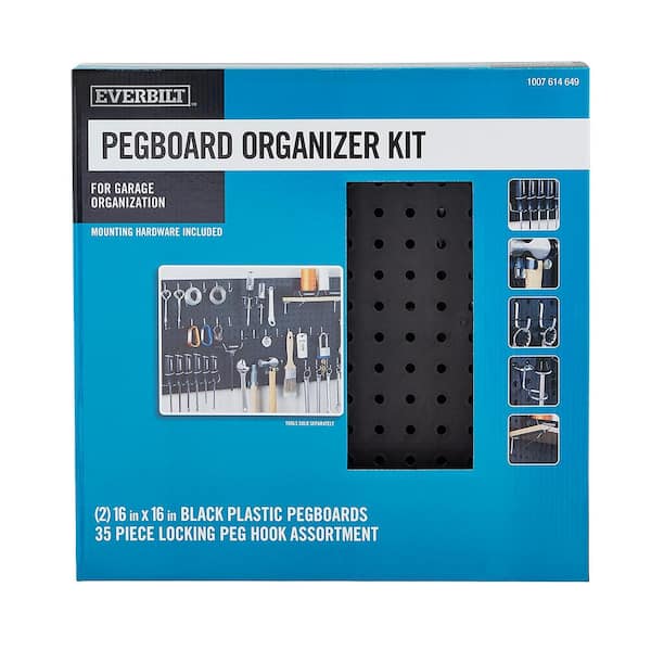 Everbilt 16 in. H x 16 in. W Plastic Pegboard Set with Black Pegboard 2-Piece and Zinc Peg Accessories (35-Piece)