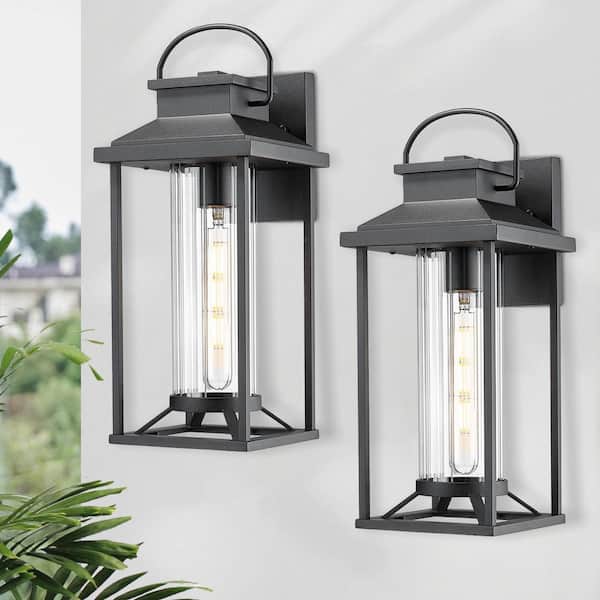 17.1 in. 1-Light Weathered Matte Black Hardwired Outdoor Wall Light Lantern Porch Sconce with Clear Glass (2-Pack)