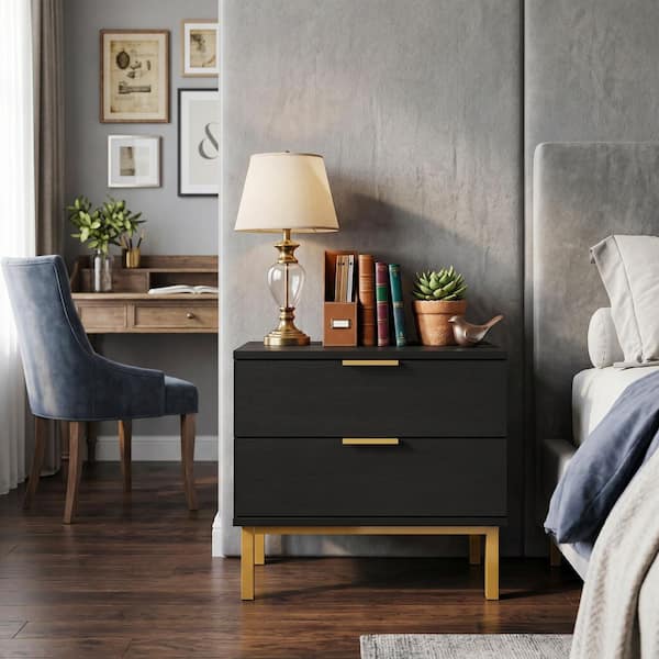 FUFU&GAGA 2-Drawer Black Wooden Nightstand Bedside Table With 4