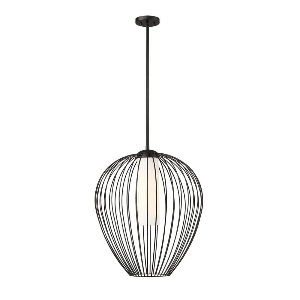 Savanti 22 in. 1-Light Matte Black Shaded Pendant Light with White Opal Gla