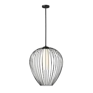Savanti 22 in. 1-Light Matte Black Shaded Pendant Light with White Opal Glass Shade, No Bulbs Included