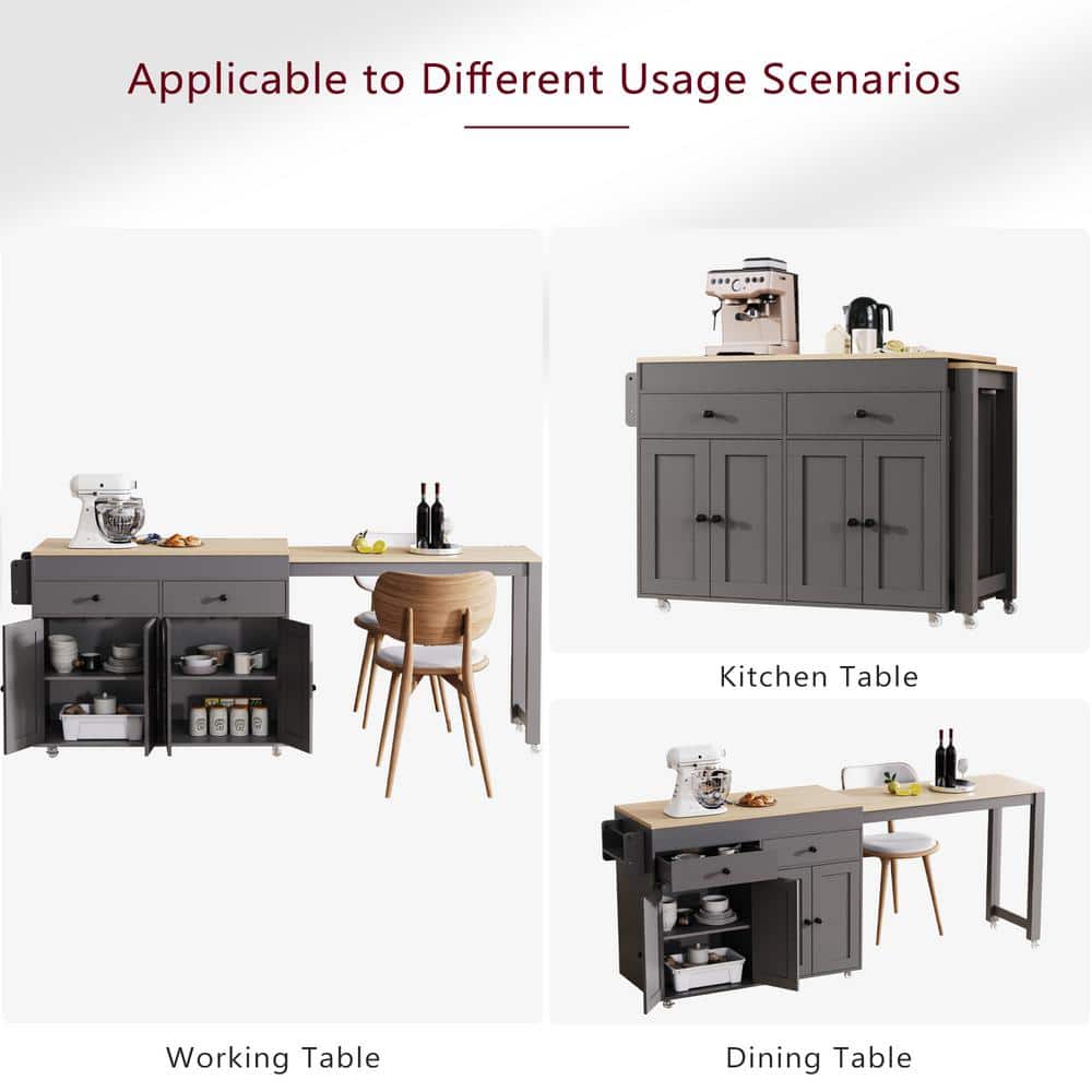 Gray Wood 74.5 in. Rolling Kitchen Island with Extendable Dining Table - thumbnail 5